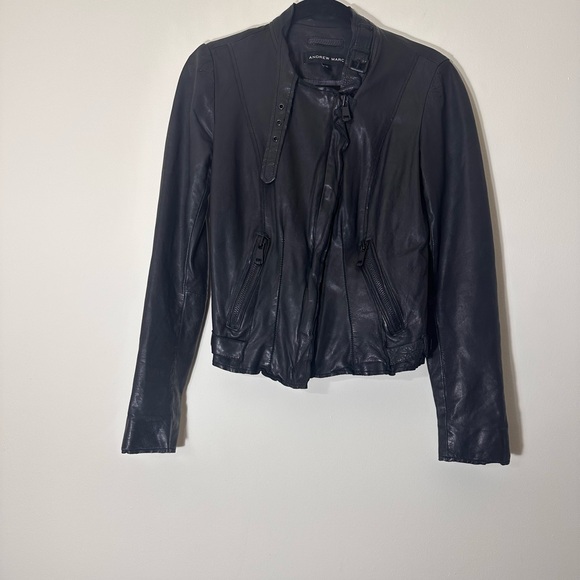 Andrew Marc Lamb skin Leather butterfly lining moto jacket black size XS - Picture 5 of 13